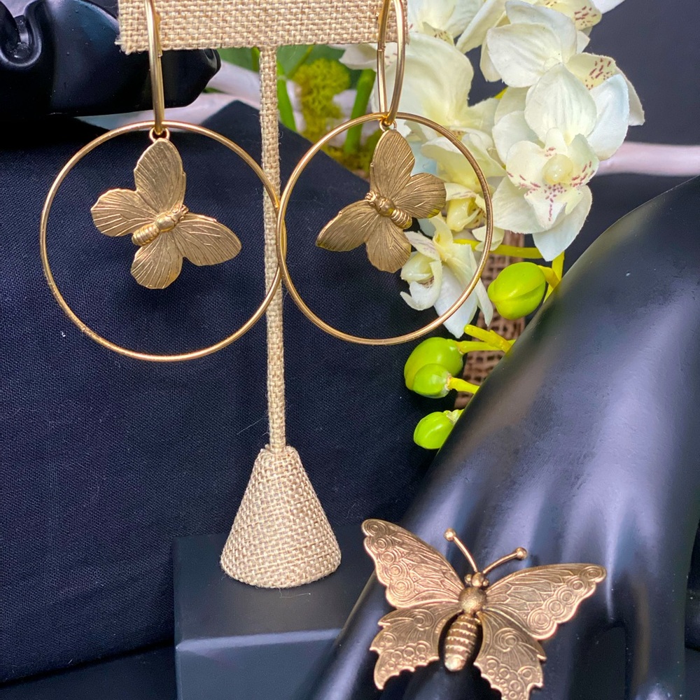 Hand crafted 22k Antic Gold Plated over brass butterfly Earrings/Rring SET. NEW